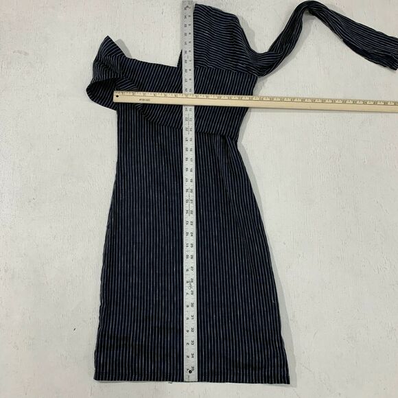 Beaufille Pinstripe One Sleeve Canopy Dress Size 4 Navy Linen Blend Stretch - Picture 8 of 13